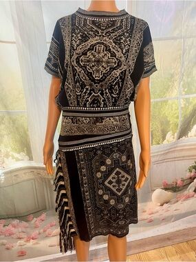 Jean Paul Gaultier Black and Cream Patterned Short Sleeve Dress